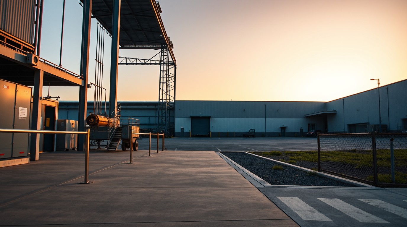 Planta industrial mexicana al amanecer con líneas de producción y acentos cálidos