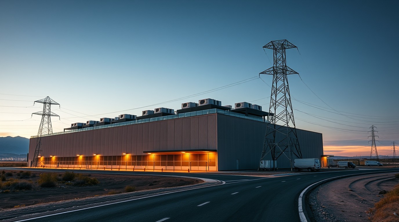 Centros de datos en Querétaro junto a torres de transmisión eléctrica al atardecer
