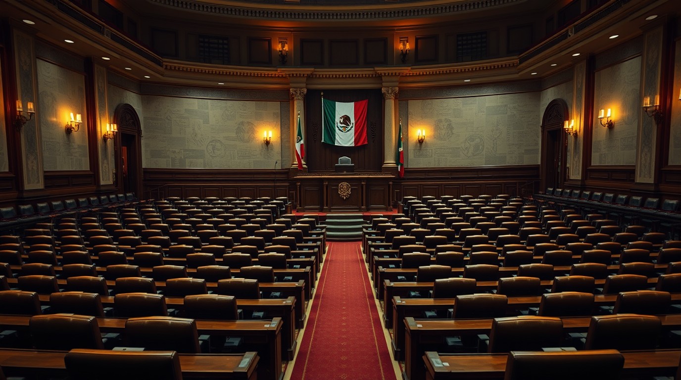 Sala del Senado de la República vacía con curules y bandera mexicana al fondo
